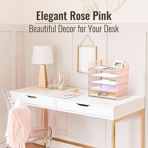 Supeasy 5 Trays Paper Organizer Letter Tray with Handle-Mesh Desk File Holders, Paper Sorter Desk Organizer for Office, Home, Classroom or School, Pink