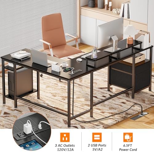 Furologee 66 Inch L Shaped Desk with 2 Drawers and Power Outlet, Black