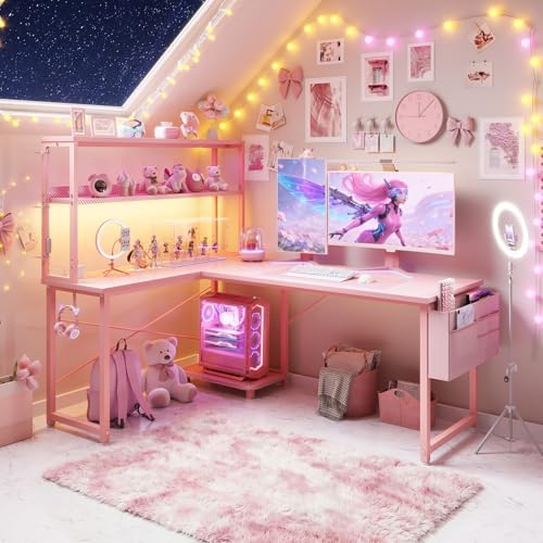AODK L Shaped Desk Gaming Desk with LED Light & Power Outlet