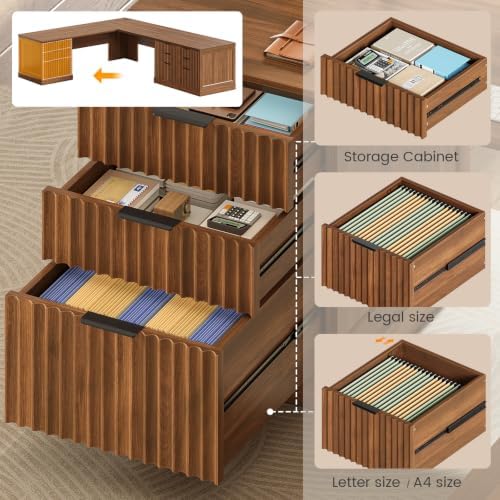 SEDETA Fluted 78.8" L Shaped Desk with 6 Drawers, Fluted Brown