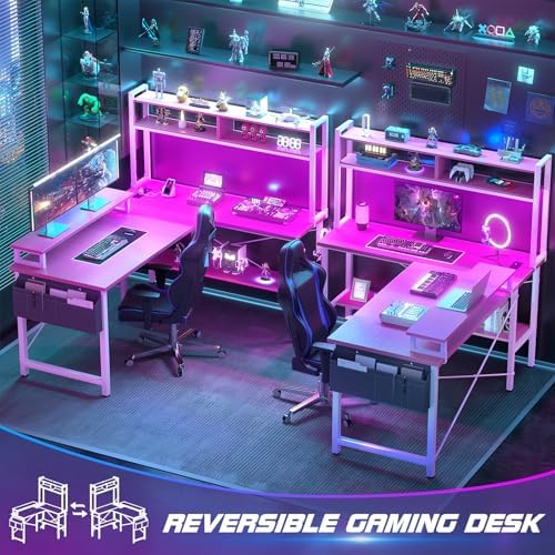 Aheaplus L Shaped Gaming Desk with Power Outlets & LED Lights, Pink
