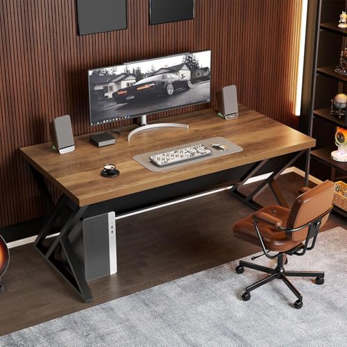 LVB 55 Inch Modern Computer Office Desk Metal Wood Writing Desks Rustic Oak
