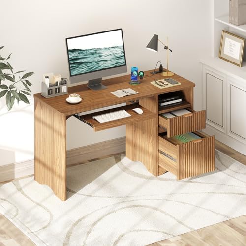 Bestier 55 Inch Computer Desk with Drawers, Power Outlet, Brown Oak