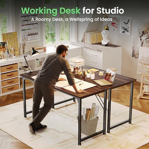 Huuger Computer Desk, 54 Inch Office Desk, Gaming Desk with Storage, Writing Desk Work Desk for Home Office, Study, Modern Simple Desk, Large Legroom, Metal Frame, Walnut