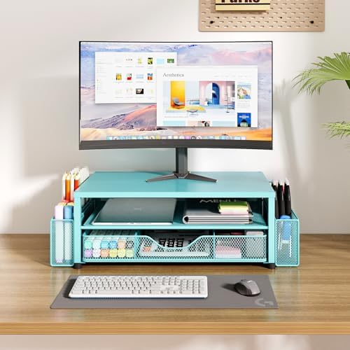 OPNICE Desk Organizer and Accessories, 2-Tier Computer Monitor Stand Riser with Drawer and 2 Pen Holders, Laptop Stand, Office Desk Accessories for Office Supplies, Teal Blue