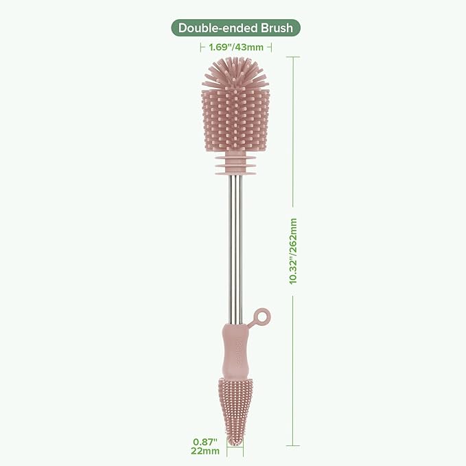 haakaa Cleaning Brush Silicone Bottle Brush Double-Ended Soft Silicone Bristles for Breast Pumps, Breast Milk Collectors, Baby Bottles, Teats, Breastmilk Storage Bags, Pink -1pk