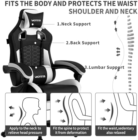 Gaming Chair with Massage,Ergonomic PC Gaming Chair with Footrest Comfortable Headrest and Lumbar Support,High Back PVC Leather,300LBS (Black White)