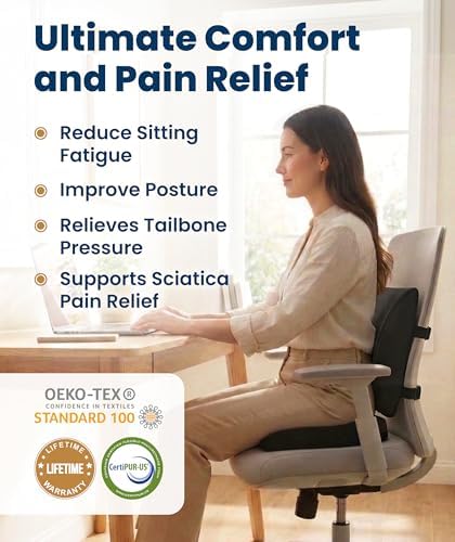 Everlasting Comfort Doctor Recommended Memory Foam Seat Cushion for Office Chairs & Car - Ergonomic Office Desk Accessories - Cushions for Tailbone Pain Relief, Sciatica (Black Airflow Lumbar, Large)