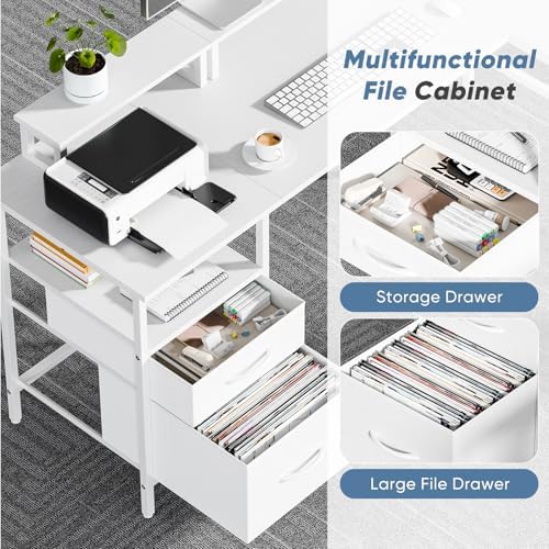 DUMOS 62” L Shaped Desk with Drawers and Power Outlet, White