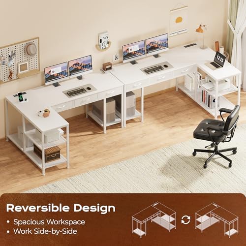 PRAISUN 55 Inch L Shaped Office Desk with Power Outlets and Type-C Port, Large Computer Gaming Desk with 3 Fabric Drawers, Mesh Shelves, Corner Study Work Writing Desk, White