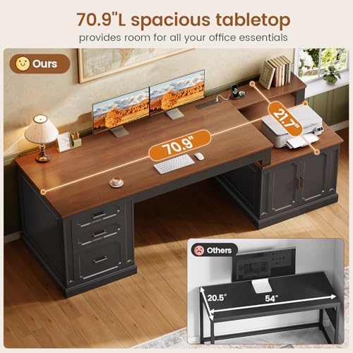 SEDETA Farmhouse 70.9" Executive Desk, Home Office Desk with File Drawers and Storage Cabinet, Computer Desk with Power Outlet for Home Office, Work Study Writing, Black+Brown
