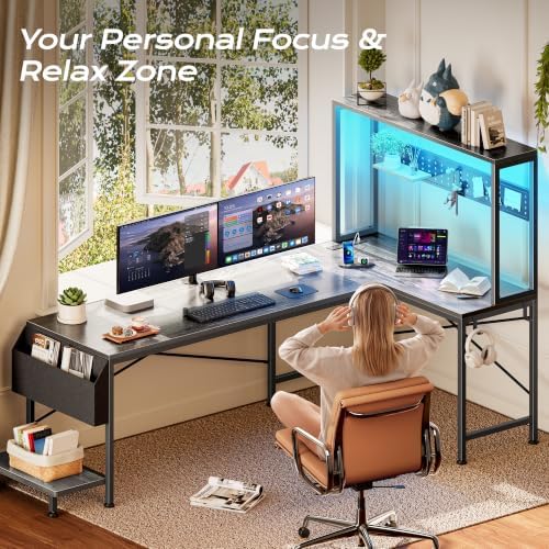 PRAISUN L Shaped Gaming Desk with LED Lights & Power Outlets