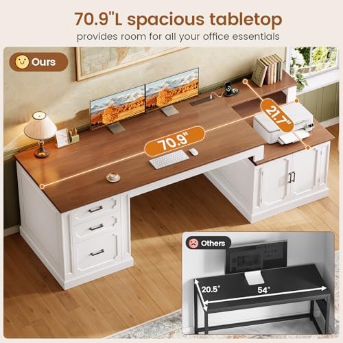 SEDETA Farmhouse 70.9" Executive Desk, Home Office Desk with File Drawers and Storage Cabinet, Computer Desk with Power Outlet for Home Office, Work Study Writing, White+Brown