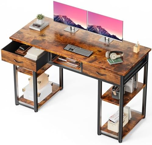 DUMOS 48-Inch Computer Desk with Drawers and Hook, Brown