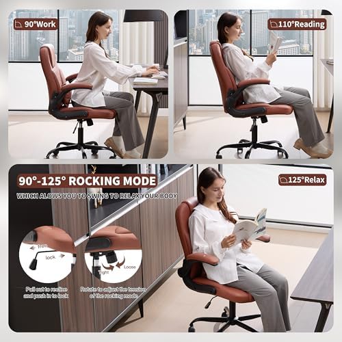 Leather Office Chair Swivel Lumbar Support for Short People Brown