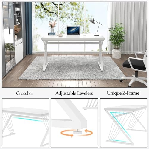 FOLUBAN White Desk, Modern Wood and Metal Computer Desk for Home Office, Simple Writing Work PC Desks for Bedroom, Industrial Study Gaming Table for Living Room, White, 47 Inch