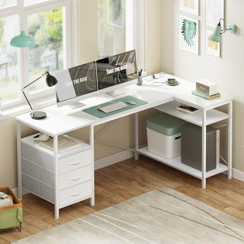 Huuger L Shaped Office Desk with Power Outlets & 3 Drawers