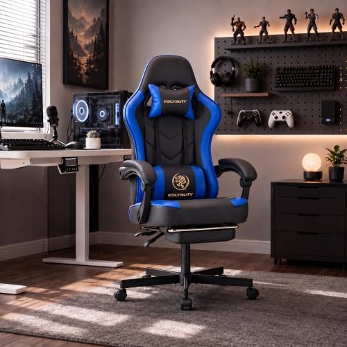 Desk Computer Gaming Chair - High Back Ergonomic Office Chair with Footrest and Lumbar Support, Swivel Comfy Home Gamer Video Game Chairs with Pocket Spring Cushion for Adults (Blue Leather)