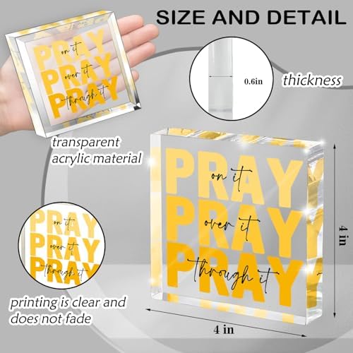 Yellow Dorm Room Decor for Women, Yellow Bathroom Decoration, Ideal Christian Gifts for Women - Pray On It,Pray Over It - Bible Verse Desk Art, Inspirational Decor, Desk Decorations for Office, 4 x 4 inches
