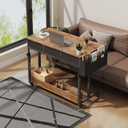 WINAZ Rolling Standing Desk Adjustable Height with Drawers on Wheels, 40 Inch Portable Mobile Stand Up Computer Desks for Bedroom Home Office, Couch Sofa Side Laptop Table with Storage, Rustic Brown