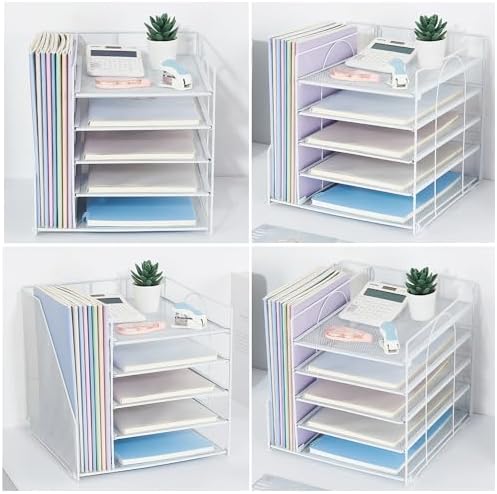 LEKETREE Desk Organizers and Accessories, 5-Tier Paper Letter Tray Organizer with File Holder, Desktop Organizer for Office Supplies (White)