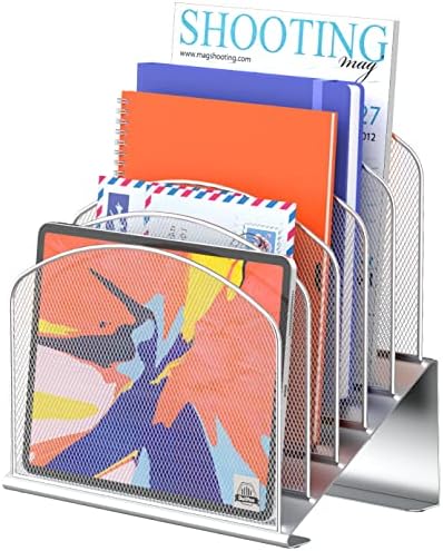 Delifox Inclined Desk File Organizer,Vertical File Folder Holder Stand Metal Rack File Sorter for Office Classroom Desktop Organization (1, Silver, 5)