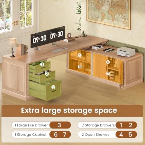 SEDETA Farmhouse L Shaped Desk with Drawers, 70.9" Home Office Desk with Storage Cabinet and Storage Shelves, L Shaped Computer Desk with Power Outlet，Oak