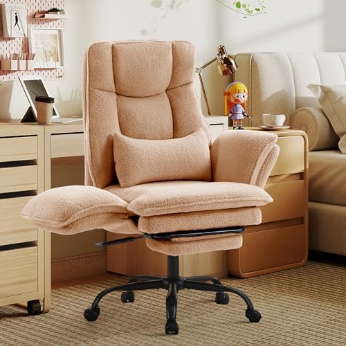 Wider Seat Office Chair with Flip Armrests for Criss Cross Legged&Cats, Big and Tall Executive Ergonomic Reclining Chair with Footrest&Lumbar Pillow, Teddy Fleece Desk Chair,Brown Vanity Chair