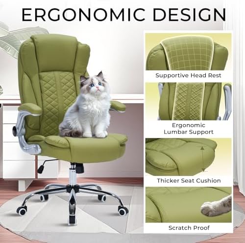 400lbs Executive Office Chair with Flip-Up Armrests, Big and Tall Computer Chair for Heavy People, Heavy Duty Ergonomic Comfy Chair, Breathable PU Leather (Green)