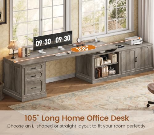 SEDETA Farmhouse L Shaped Desk with Drawers, 70.9" Home Office Desk with Storage Cabinet and Storage Shelves, L Shaped Computer Desk with Power Outlet，Gray