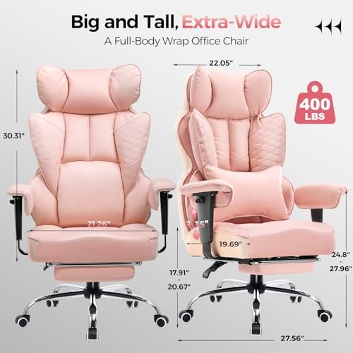 COMHOMA Big and Tall Office Chair Heavy Duty Wide Ergonomic Gaming Chair with Deluxe Embossing Designed Leather with Foot Rest,150°Reclining Adjustable Armrests Pocket Spring Back Support and Pillow