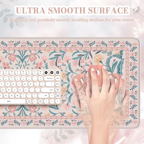 iCasso Aesthetic Desk Mat,31.5x11.8in Mouse Pads, Pink Floral