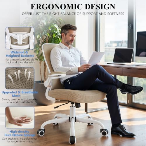 FelixKing Office Chair, Ergonomic Desk Chair Breathable Mesh Chairs Adjustable High Back Lumbar Support Flip-up Armrests, Executive Rolling Swivel Comfy Computer Chairs Home Office Khaki