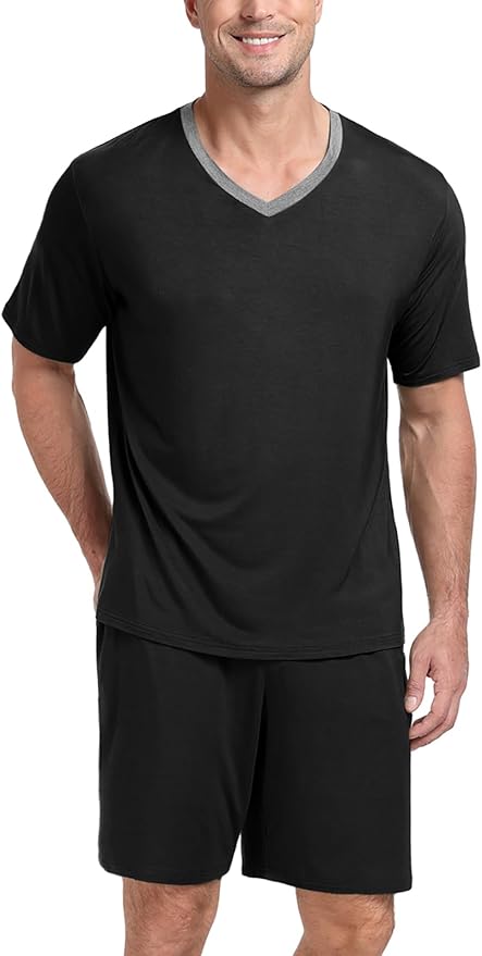 PrinStory Men's Pajama Set Sleepwear Pjs Lightweight Quick Dry Short Sleeve V-Neck Shirts and Shorts Soft Comfy Sleep Sets