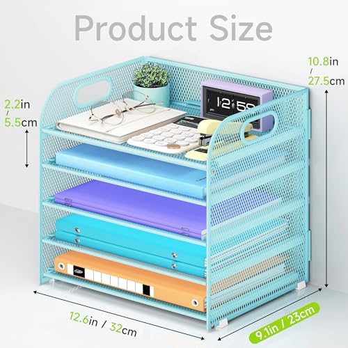 Cawukege 5 Tier Paper Organizer with Handle, Blue Metal Mesh Desk Organizer File Folder Paper Letter Tray Desktop Document Sorter for Classroom, School, Office Accessories Organization and Storage