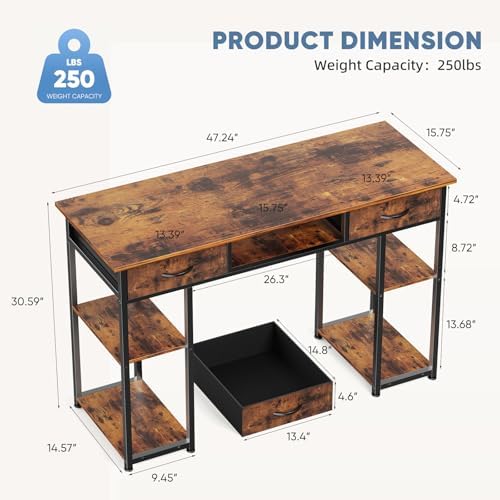 DUMOS 48-Inch Computer Desk with Drawers and Hook, Brown