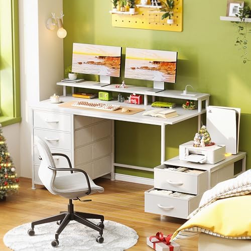 52 Inch Office Desk with 6 Drawers and Printer Space for Storage, Reversible Computer Desk with Monitor Stand & Power Outlets, Home Office Desks, White