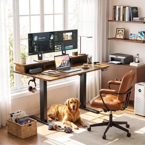 Veken 47x28 in Electric Standing Desk with Drawers, Adjustable Table, Brown