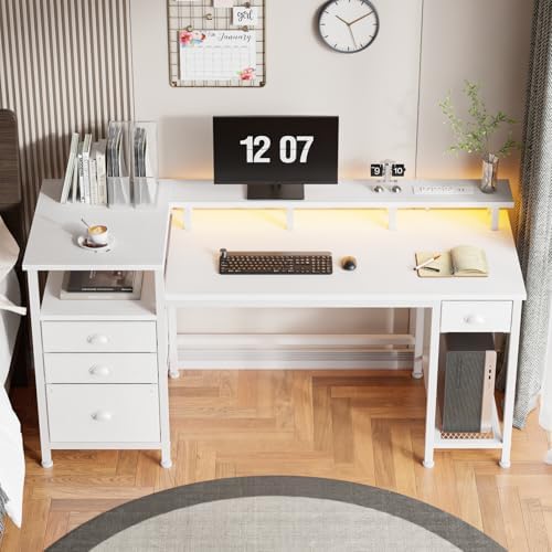 Furologee 60" White Computer Desk with 4 Drawers, Power Outlet, LED Lights