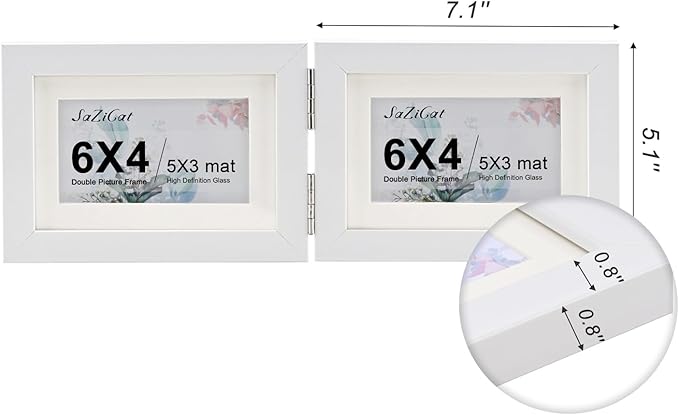 Double Hinged 4X6 Picture Frame with Real Glass-Tabletop or Wall Mounted, Display for 3X5 & 4X6 Photos (with/without Mat)-Matte White, For Family Photos & Wedding Memories-B64X2