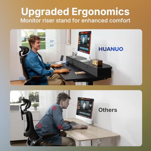 HUANUO 32" X 21" Electric Standing Desk with 2 Drawers, C-Clamp Mount Compatible, Height Adjustable Computer Desk, Home Office Stand Up Desk with 4 Preset Heights & 2 Hooks, Black