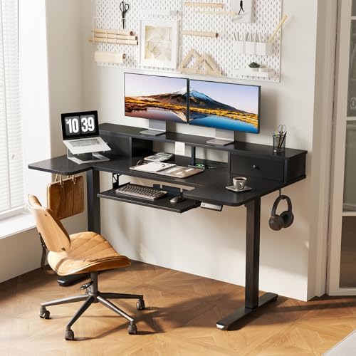 OffiGo 55 Inch U Shape Standing Desk with Keyboard Tray & Drawers, Black