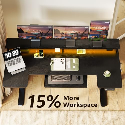 OffiGo 63 Inch U Shaped Electric Standing Desk with Keyboard Tray, Black