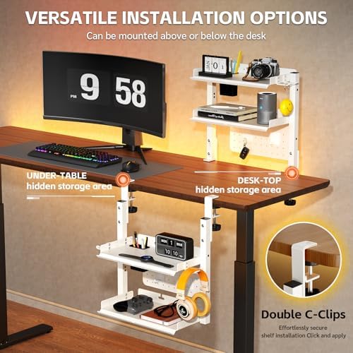 Metal Clamp On Desk Shelf,Storage Shelves with Pegboard and Pencil Holder