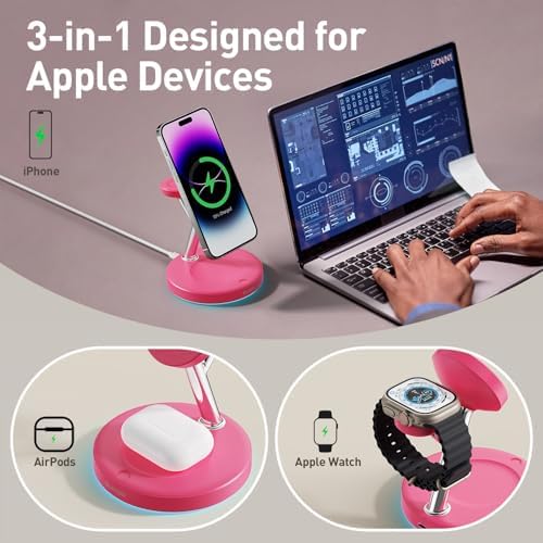 【Adjustable Blue Ambient Light】 Wireless Charger 3 in 1 for iPhone, Magnetic Charging Station for Apple Family,15W Fast MagSafe Charger Stand,for iPhone17-12-iWatch AirPods Series