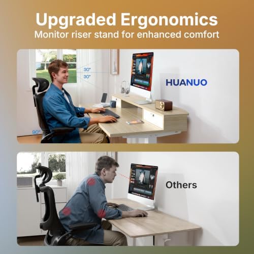 HUANUO 47.2" X 23.6" Electric Standing Desk with 2 Drawers, C-Clamp Mount Compatible, Height Adjustable Computer Desk, Home Office Stand Up Desk with 4 Preset Heights & 2 Hooks, Light Walnut