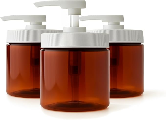Royal Massage 16oz Refillable Pump Jar with Locking Dip Tube Dispenser – BPA-Free Plastic Container for Massage Oils, Lotions, Creams – Ribbed Lid Wide-Mouth Jar – Durable & Reusable (Amber/White, 3)