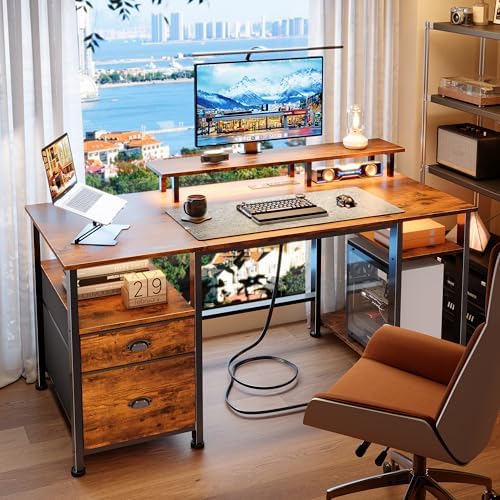 Furologee 51" Computer Desk with Outlets & LED, Desk with Drawers, Brown