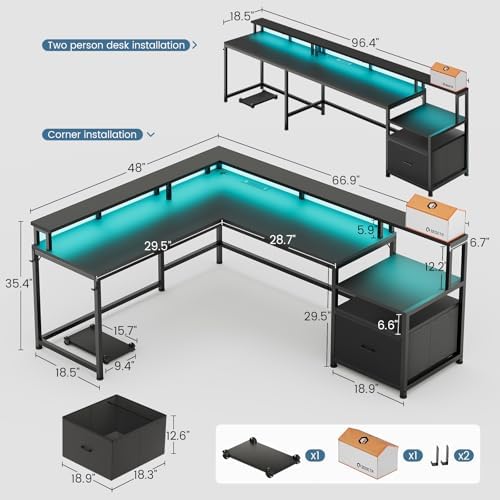 SEDETA 66" Reversible L Shaped Computer Desk with Power Outlet, File Drawer