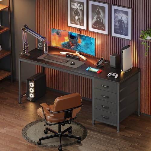 PRAISUN 55.1 Inch Computer Office Desk with Power Outelts and USB-C Port, Reversible Gaming Desk with 4 Fabric Drawers, Work Study Desk Work from Home, Black